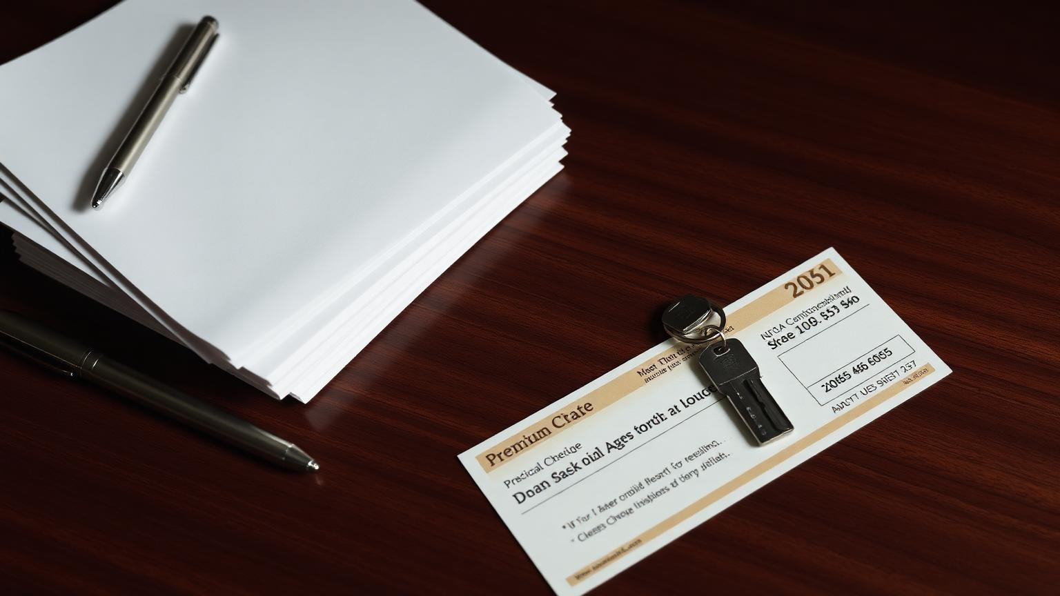 Banking documents, a silver pen, apartment keys and a cheque arranged on a dark walnut desk.
