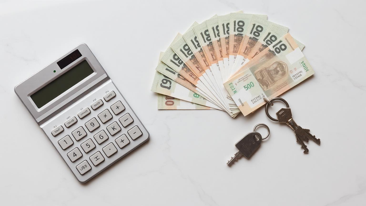 Silver calculator and a fan of UAE dirham banknotes with house keys on a polished marble surface.