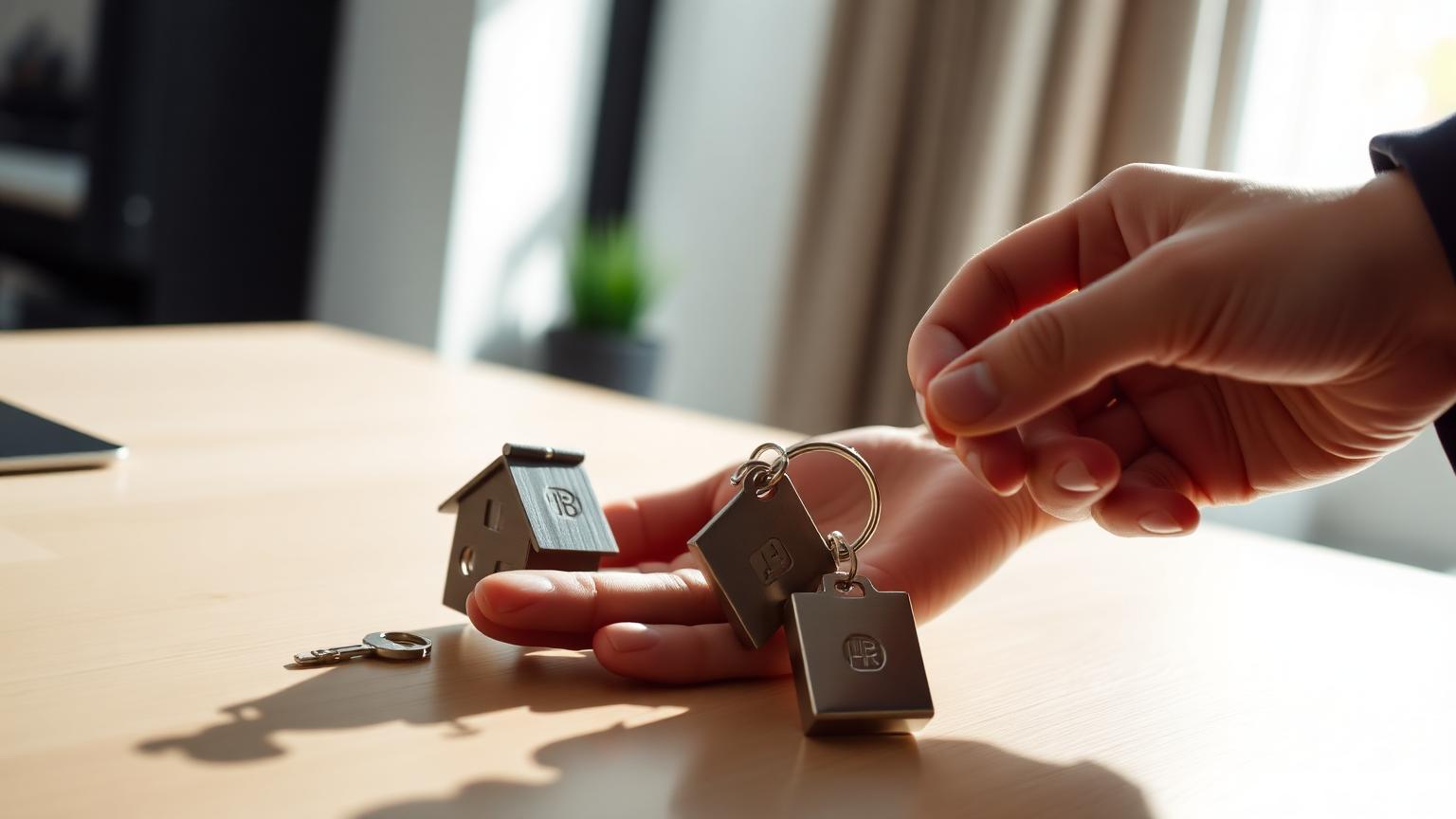 Apartment keys with a house-shaped keychain being passed from one hand to another over a desk.