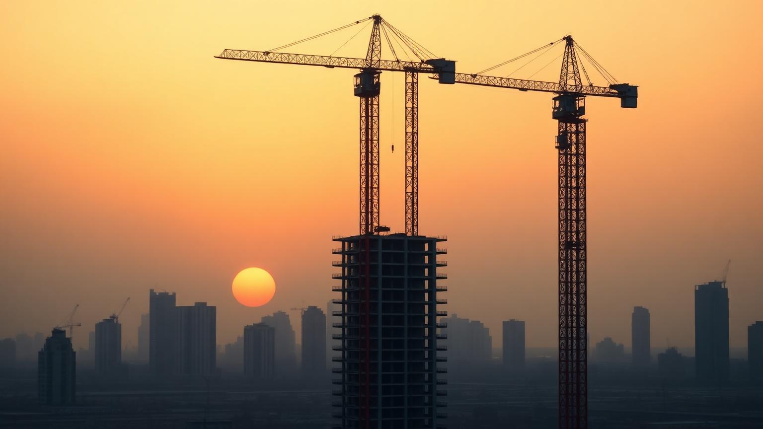 Two construction tower cranes silhouetted against a Dubai sunrise above a half-built residential tower.