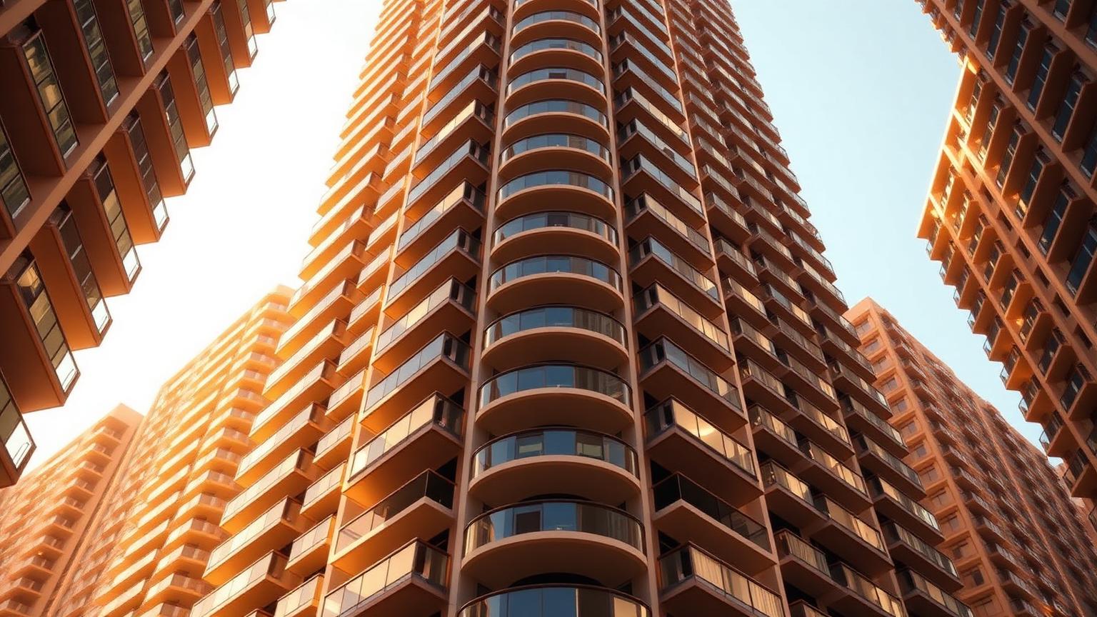 Looking up at the geometric balcony pattern of a luxury Dubai residential tower in warm afternoon light.